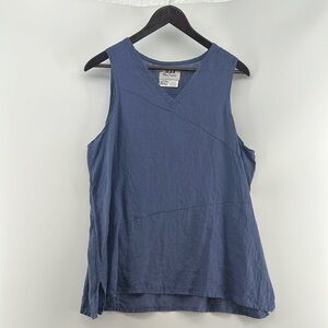 Flax Blue 100% Linen Wide Split Hem V Neck Collar Tank Top Small